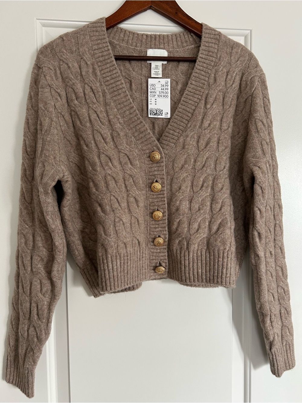 NWT H&M Cable Knit Button-Front V-Neck Sweater Cardigan Taupe Brown Melange Sz M